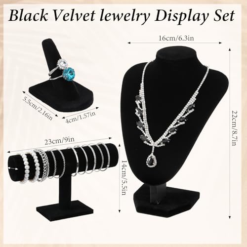 4 Pcs Velvet Jewelry Display Set Velvet Necklace Bust Holder Bracelet Organizer Ring Finger Jewelry Holder Organizer for Vendors Selling Trade Show Retail Home Decor (Black)