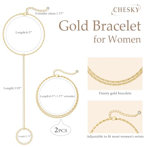 CHESKY 14K Gold Plated Hand Chain Bracelets for Women Set - Dainty Finger Ring Bracelet Stack Adjustable Hand Chains Durable Beaded Bracelets Trendy Simple Body Jewelry Gift for Women - style: 3Square bracelet-gold