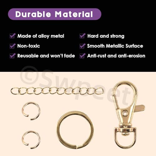 Swpeet 125Pcs Golden Keychain Making Set, 25Pcs Swivel Lanyard Snap Hook, 25P Keychain Ring, 25P Extender Chains, 50P Open Jump Rings, Swivel Lobster Clasps, Keychains Clips - color: Golden