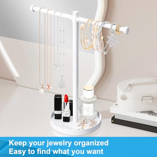 bodkar Jewelry Necklace Organizer Stand,12.9" Tall Sturdy Metal Jewelry Stand with Round Tray for Bracelet Bangles Holder Display,Long Necklace Organizer Holder (white) - color: White
