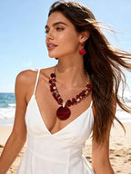Layered Beads Statement Fashion Necklace Chunky Jewelry Set Big Colorful Glass Stone Circle Shell Pendant Choker Necklace and Earring Set for Women - color: burgundy