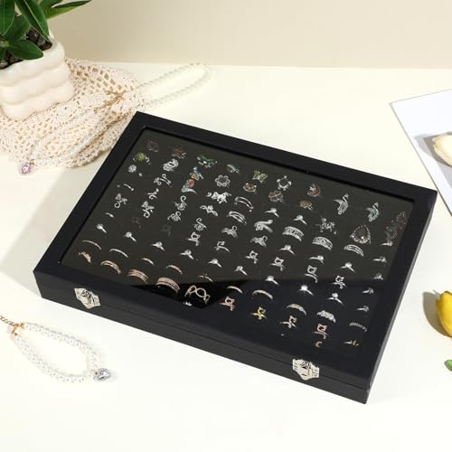 2 Pcs 100 Slots Ring Organizer Box with Transparent Glass Lid, Velvet Jewelry Display Case for Rings, Necklaces, Earrings Storage, Black