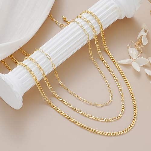 Gold Layered Necklaces for Women, 14K Gold Plated Dainty Gold Chain Choker Necklace Stack, Herringbone Gold Necklaces Set - color: gold-3-Figaro