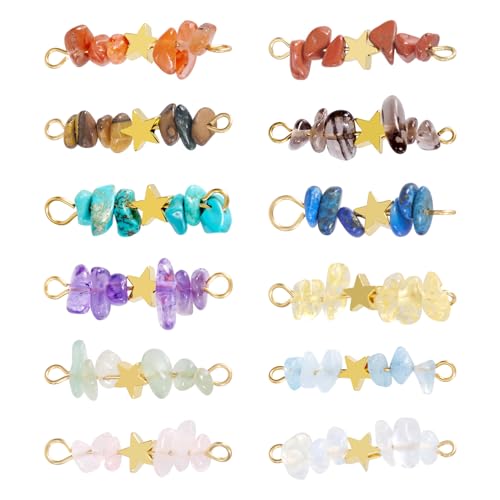 12Pcs Golden Star Bead Gemstone Chip Connector Charms Mixed Stone Beaded Linking Pendants with Double Loops Colorful Natural Stone Charms with Pentagram Bead for DIY Earring Bracelet Making - color: Mixed Color-Star