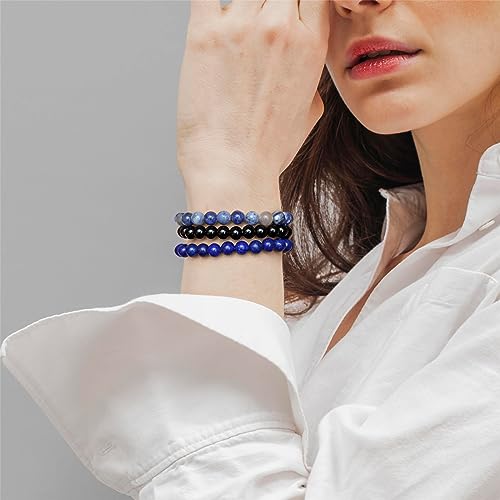 3 PCS Healing Crystal Bracelets for Women 8mm Natural Stone Beaded Stretch Bracelet Amethyst Jewelry Gifts - color: 06 8mm Lapis Lazuli & Sodalite - Blue