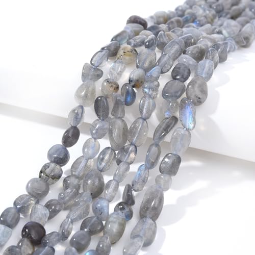 6-8mm Natural Labradorite Nuggets Oval Free Tumbled Pebble Semi Precious Gemstone Loose Stone Beads Approx 15.5 inch for DIY Jewelry Making - color: Labradorite