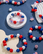 Goldwise 120Pcs 4th of July Wooden Beads Garland, Patriotic Red White Blue Beads for DIY Crafts, Independence Day Wood Beads with American Flag Stars for Bracelets Necklaces Tiered Tray Decor - size: 4th of July Wooden Beads