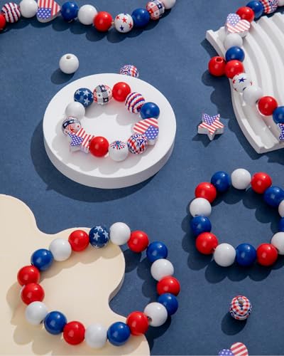Goldwise 120Pcs 4th of July Wooden Beads Garland, Patriotic Red White Blue Beads for DIY Crafts, Independence Day Wood Beads with American Flag Stars for Bracelets Necklaces Tiered Tray Decor - size: 4th of July Wooden Beads