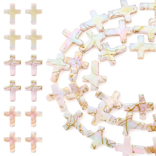 Beadthoven 36Pcs Cross Natural Freshwater Shell Beads 14.5x12mm Colorful Drawbench Painted Crucifix Cross Beads Small Jesus Christian Crosses Gemstone Loose Spacers for DIY Jewelry Making - color: Iridescent