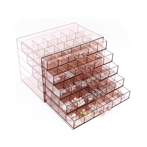 Clear Pink Acrylic Jewelry Storage Box, Earring Jewelry Organizer with 5 Drawers, 5-Layer Jewelry Box for Women, Earring Display Holder for Earrings Ring Bracelet Necklace, 120 Grid Storage Box - color: Pink, size: 5Layers-120Grids