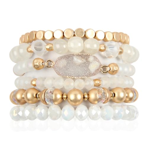 RIAH FASHION Bohemian Acrylic Druzy Multi-Layer Bead Statement Bracelet - Versatile Faux Stone Pendant Stretch Strand Stackable Cuff Bangle Set Sparkly Crystal - color: Bohemian Oval Druzy Set - White