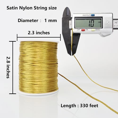 LUSTEMBER 330 Feet Satin Nylon String, 1 mm Silky Smooth Durable Nylon Cord for Jewelry Making, Bracelets, Beading, Necklaces, Macrame, Kumihimo, Rattail, and Chinese Knot Craft - size: Gold