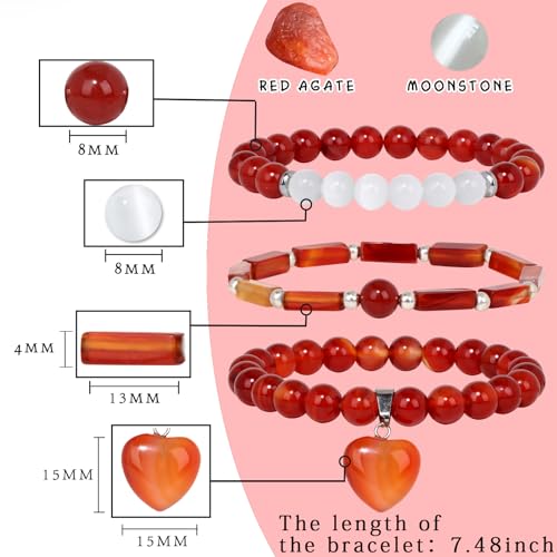 Vinswet Healing Crystal Beaded Bracelets for Women,Natural Amethyst Gemstones Bracelet,Anxiety Stress Relief Heart Charm Bracelet Handmade purple Jewelry Gifts for Women - color: Red agate&Moonstone