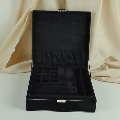 Jewelry Boxes 10 x 10 Inches 2-layer Handle Necklace Holder Organizer Jewellery Women Rings Storage Display Girls Earrings Case Lockable Jewelry Tray GY641 (Black) - color: Black
