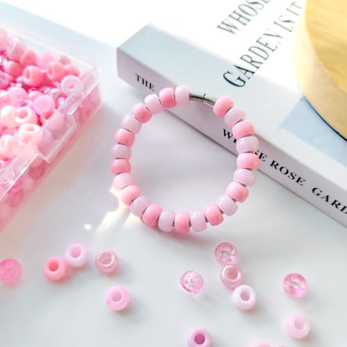 Plastic Pony Beads for Jewelry Making, 1200 Pieces, Multi-Color, 0.35 x 0.22 inch, DIY Craft Beads for Bracelets and Hair Braids (Pink) - color: Pink