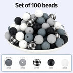 100 Pcs 15mm Silicone Beads for Keychain Making, Pink Gream Silicone Beads Bulk Round for Bracelets Pens Crafts Jewelry Making (Black White) - color: Black White