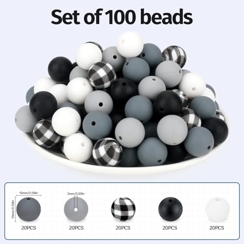 100 Pcs 15mm Silicone Beads for Keychain Making, Pink Gream Silicone Beads Bulk Round for Bracelets Pens Crafts Jewelry Making (Black White) - color: Black White