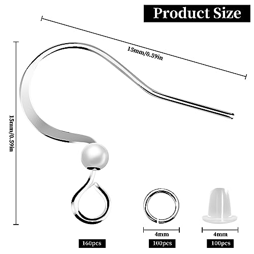 160 PCS/80 Pairs White Gold Tone Earring Hooks Hypoallergenic Ear Wires Fish Hooks with 100 PCS Clear Silicone Earring Backs and 100 PCS Jump Rings Earring Findings for DIY Jewelry Making - color: C style-White Gold Earring Hooks