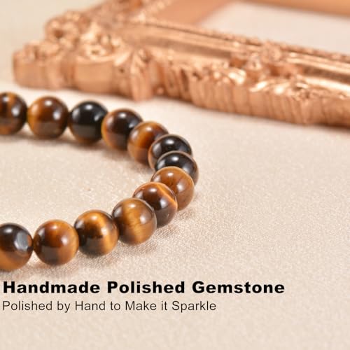 8mm Tigers Eye Bracelets for Women Men 7 inch Round Beaded Stretch Bracelet Natural Gemstone Handmade Polishing Stone for Spiritual Healing Meditation Yoga