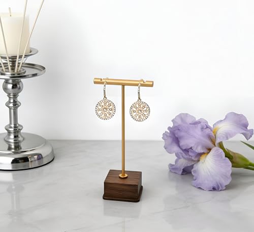 3 Pack Earring Display Stand, Golden Metal Earring T Bar Stand, Jewelry Towers with Wooden Square Base, Earring Hanging Holder for Jewelry Organizer Display