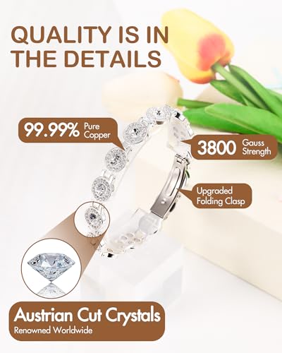 Feraco Pure Copper Bracelets for Women, 4X Ultra Strength Magnetic Bracelet with 3800 Gauss Neodymium Magnets & Dazzling Austrian Cut Crystals Stone, Adjustable Jewelry Gift - style: Sparkle Sphere - Silver