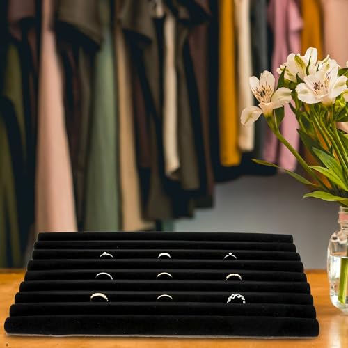 SSWBasics Large Black Velvet Ring Display Tray Organizer - 14-1/4"L x 7-1/2"W - Continuous