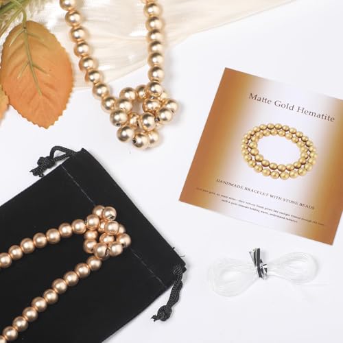 Stone Beads, 45pcs Matte Gold Hematite, 8mm Round Loose Beads for Jewelry Making, Bracelets, with Bag, String & Card - color: Matte Gold Hematite, size: 8mm
