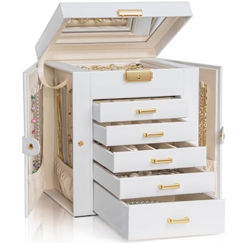 AKOZLIN 6-Tier Jewelry Box Lockable Leather Jewelry Storage Case with 5 Drawers for Women Girls Ring Necklace Earring Bracelet Holder Organizer with Mirror - color: White-gold, size: Regular-6 Layer