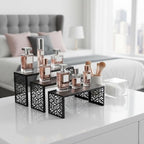 3 Tier Black Metal Display Risers, Display Stand for Perfume Purse Handbag Shoe Jewelry Cupcake Dessert and Amiibo Funko POP Figure - color: Black Metal Display Risers