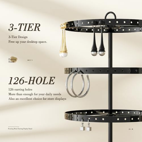 3 Tiers Metal Rotating Earring Holder Organizer Stand Adjustable Display Tree, 126 Holes Large Carousel Rack for Stud Hoop Pierced Dangling Women Girls, Perfect View for All Earrings (Black) - color: Black