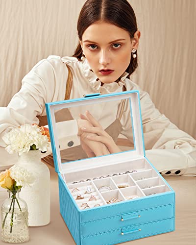 Jewelry Organizer for Women, Jewelry Box with Clear Glass Lid 3-Tier with 2 Drawers, Gift for Women Man on Thanksgiving Day, Christmas, New Year, Valentine's Day - Blue - color: Blue