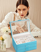 Jewelry Organizer for Women, Jewelry Box with Clear Glass Lid 3-Tier with 2 Drawers, Gift for Women Girl Man on Thanksgiving Day, Christmas, New Year, Valentine's Day - Blue - color: Blue 3-Layer