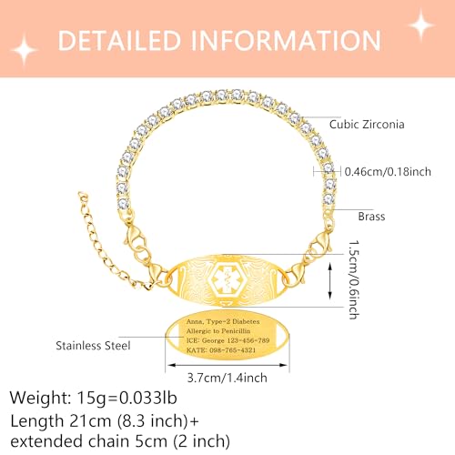 Women's Medical ID Bracelet with White Zircon Tennis Chain, Interchangeable Engraved Plate, Adjustable Lobster Clasp, Lightweight, Hypoallergenic, for Running, Outdoor, Daily Wear - color: Gold-BLOOD THINNER