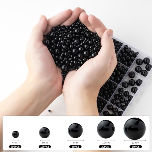 1200Pcs Black Beads, Acrylic Pony Beads, 4/6/8/10/12mm Round Smooth Bead for Bracelets, Spacer Pearl Craft Beades for Bracelet Necklace Jewelry Making (Black) - color: black
