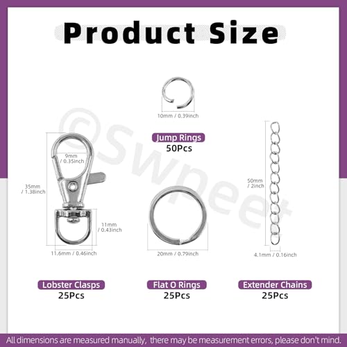 Swpeet 125Pcs Silver Keychain Making Set, 25Pcs Swivel Lanyard Snap Hook, 25Pcs Keychain Ring, 25P Extender Chains, 50P Open Jump Rings, Swivel Lobster Clasps, Keychains Clips - color: Silvery