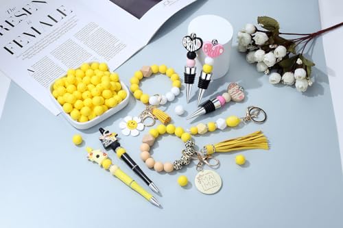 MAIBAOTA 120 Pcs Yellow Silicone Beads 15 mm Yellow Beads for Keychain/Pens/Bracelet/Necklace Making Focal Beads Loose Rubber Round Silicone Beads Bulk for Craft Making（with Boxed Kits） - color: Yellow