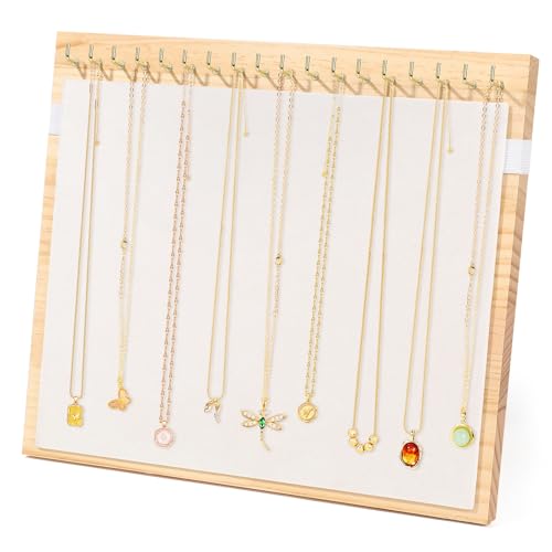 Necklace Dispaly Stand with 18 Hooks, Wooden Velvet Necklace Organizer Holder for Dispaly Necklaces Bracelet, Jewelry Stand Display with Elastic band for Selling Vendors Home,Beige