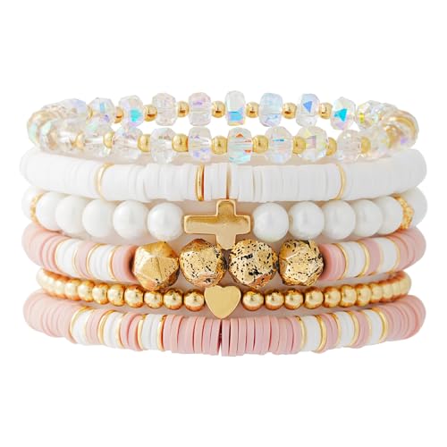 RISHEGAE Heishi Beaded Stretch Bracelets for Women Stackable Polymer Clay Beads Bracelets Friendship Boho Summer Beach Bracelet Jewelry Set - color: C-Pink Cross