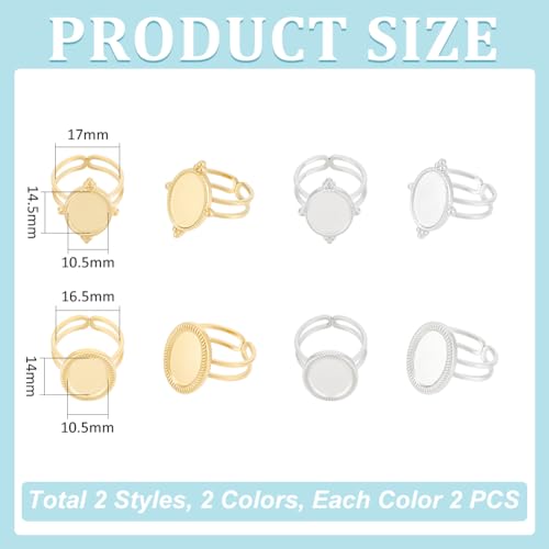UNICRAFTALE 8Pcs 2 Colors Stainless Steel Open Cuff Rings Components Bezel Cup Rings Settings Gold Plated Oval Pad Ring Blanks Base Adjustable Blank Ring Tray 14x10.5mm for DIY Jewelry Making - size: Tray: 14x10.5mm