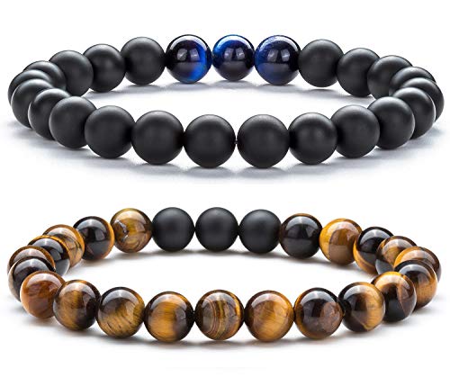Hamoery Men Women 8mm Tiger Eye Stone Beads Bracelet Elastic Natural Stone Yoga Bracelet Bangle - color: set6