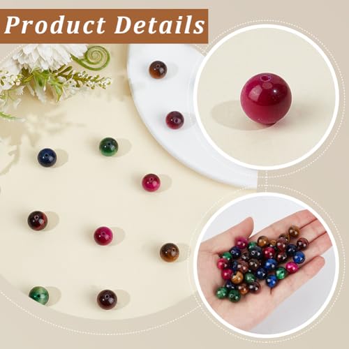 40PCS 10MM Natural Tiger Eye Beads with Hole Round Gemstone Pink Blue Green Energy Stone Smooth Polished Loose Spacer Bead Bulk for Jewelry Making Earrings Bracelets Necklaces DIY Crafts - size: 10mm 40pcs