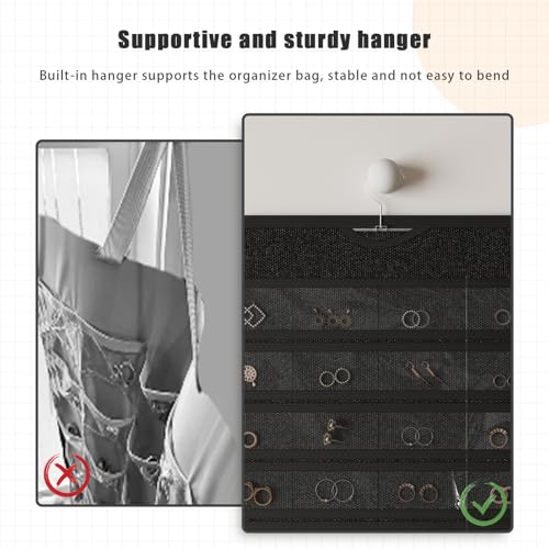 1 Pack Hanging Jewelry Organizer 80-Pocket Dual-sided Jewelry Storage for Earring Necklace Bracelet Ring Travel Holder, Black - color: Black
