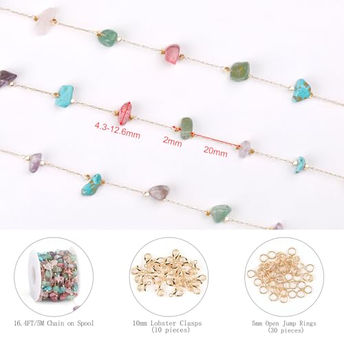 KYUNHOO 16.4FT Colorful Natural Stone Chain Links Gold Plated Brass Chain for Necklace Thin Paperclip Chain Roll with Lobster Clasps Jump Rings Jewelry Making Supplies - color: Natural Stone-Colorful