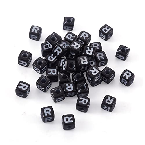 FASHEWELRY 500Pcs Cube Acrylic Letter Beads 5x5x5mm Black Square Letter R Alphabet Beads for DIY Bracelet Necklace Jewelry Making - color: Letter R