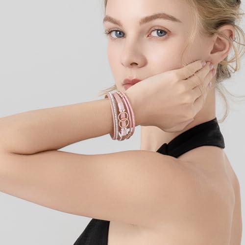 FANCY SHINY Mothers Day Gifts Boho Leather Wrap Bracelet Stackable Infinity Chunky Cuff Bracelets Western Hippie Outfits Jewelry Valentine Gifts for Women - color: Pink