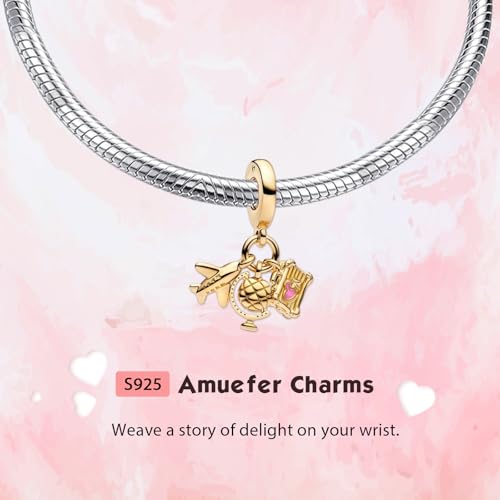S925 Bead Dangle Charms for Bracelets Necklaces, Compatible with Pandora, Jewelry Making - style: Travel Aroud the World 3-in-1 Charm 14K Gold Plated