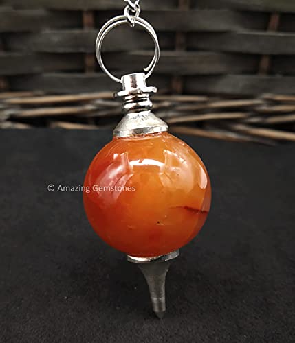 Amazing Gemstone Carnelian Crystal Ball Pendulum for Divination - Dowsing Pendulum Necklace with Chain and Quartz Bead for Reiki Healing and Crystal Grid Meditation - color: Carnelian