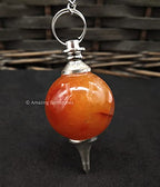 Amazing Gemstone Carnelian Crystal Ball Pendulum for Divination - Dowsing Pendulum Necklace with Chain and Quartz Bead for Reiki Healing and Crystal Grid Meditation - color: Carnelian