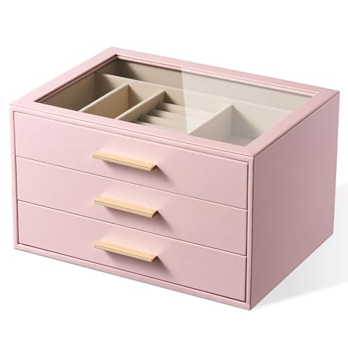 pickpiff Jewelry Box Organizer Case for Women: 3-Layer Jewelry Storage Case with Glass Window, Pink Leather with Velvet Holder for Ring Necklace Bracelet Brooch Watch, Great Gift for Her - color: Pink, size: 3 layer