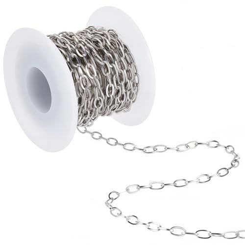 16.4 Feet/5M Stainless Steel Cable Chain Roll with Plastic Spool Silver Oval 7 x 4mm Textured Soldered Jewelry Link Chain Connectors for Jewelry Making Necklaces Bracelets DIY Crafts